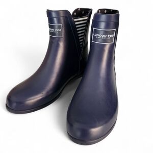 LONDON FOG Navy Blue Piccadilly Rain Chelsea Boots w/ Striped Elastic Sides 7